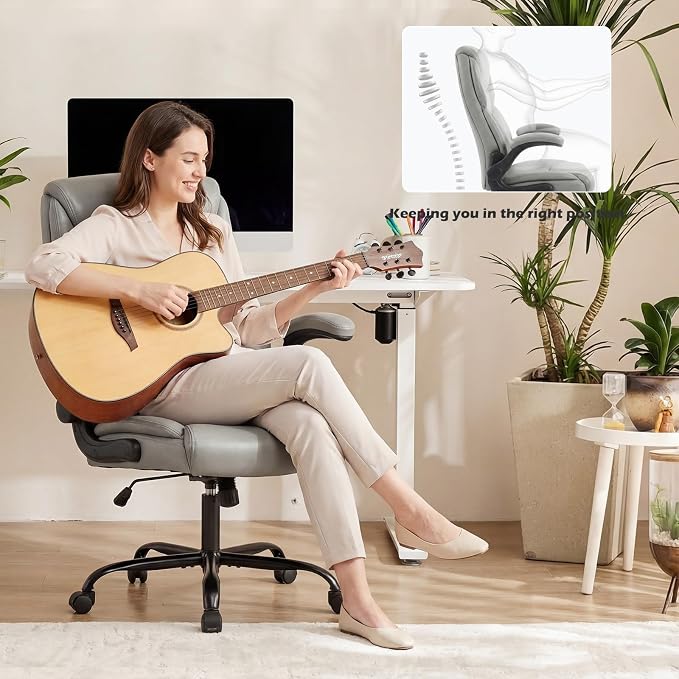 DUMOS PU Leather Office Chair - Ergonomic Executive Computer Desk Chairs with Adjustable Flip-up Armrest, Swivel Task Chair with Lumbar Support, Strong Metal Base, Grey
