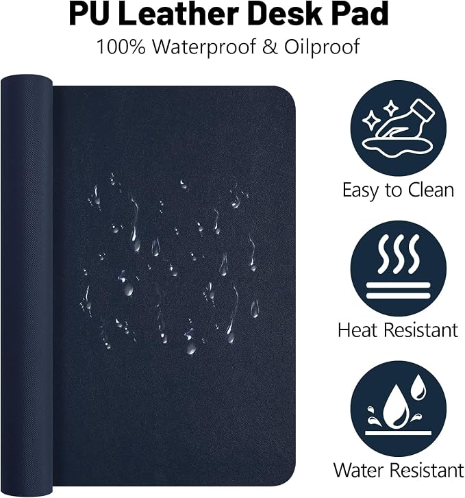 Desk Pad Mat, Navy Blue Leather Desk Mat for Desktop, Computer Mouse Pad Non-Slip, Waterproof Keyboard Mats for Office/Home/Decor, 23.6" x 13.7"