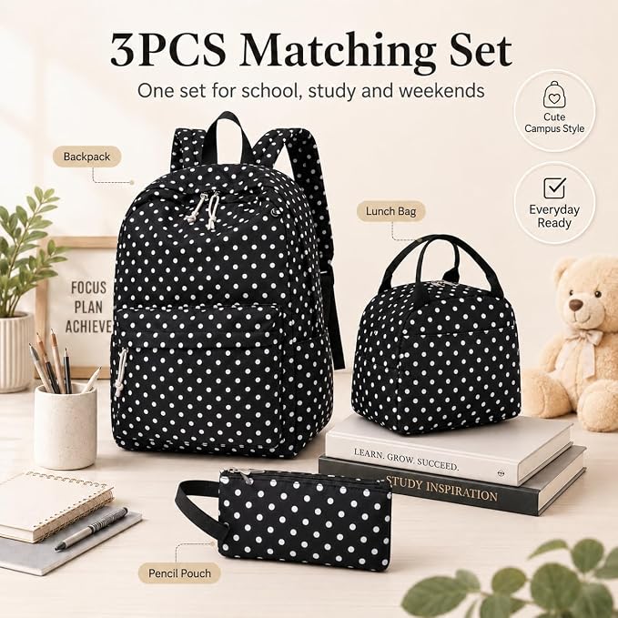 Bluboon Teen Girls School Backpack Kids Bookbag Set with Lunch Box Pencil Case Travel Laptop Backpack Casual Daypacks (Black Polka Dots)