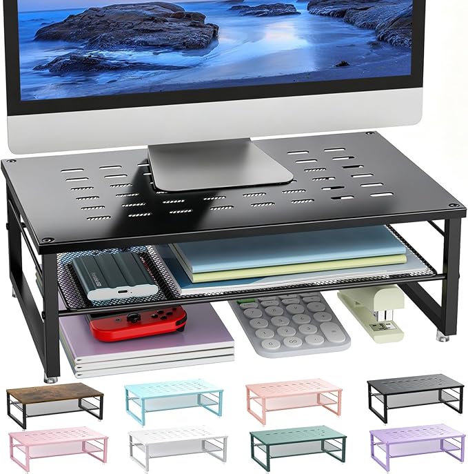 gianotter Desk Organizers and Accessories, 2-Tier Metal Monitor Stand Riser, Desk Organizer for Monitor, Office Desk Storage Organizer for Office Supplies (Black)