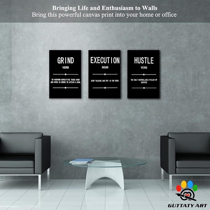Office Wall Art - 3 Panel Motivational Wall Art, Inspirational Quotes Canvas Art for Home Office Wall Decor, Positive Quotes Wall Decor, Entrepreneur Grind Hustle Execution Poster Frame (16”x24”x3Pcs)