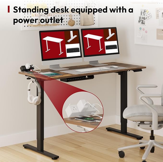 SANODESK Electric Standing Desk with Desk Clamp Power Strip 55"x 28" Whole-Piece Desktop Height Adjustable Stand Up Desk with Cable Management Sit Stand Home Office Desk Black Frame/Rustic Brown Top