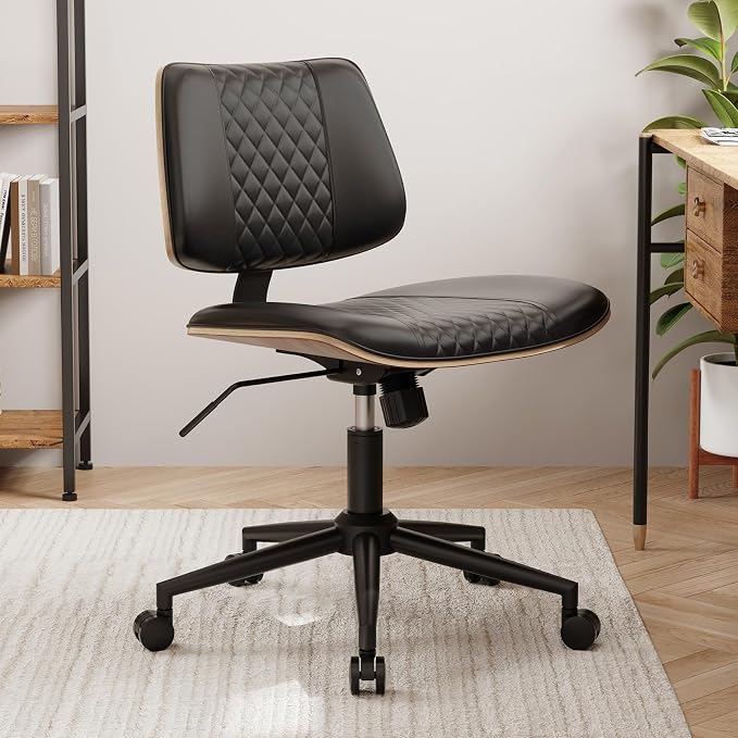 Modern Armless Office Chair with Wheels, Adjustable Swivel Desk Chair with Wide Seat and Tilt Function, Faux Leather Mid Century Task Chair for Home Office, Bedroom, Vanity, Black