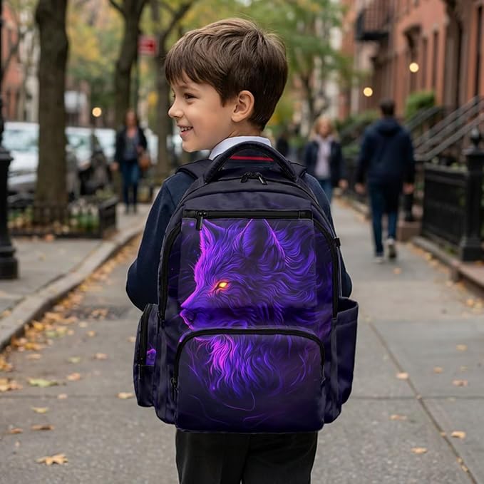 Cool Wolf Kids Backpack and Lunch Box Graphic School Bookbag for Boys Back to School Supplies Personalized Backpacks 4 in 1 Set Water Bottle Holder Pencil Case Included