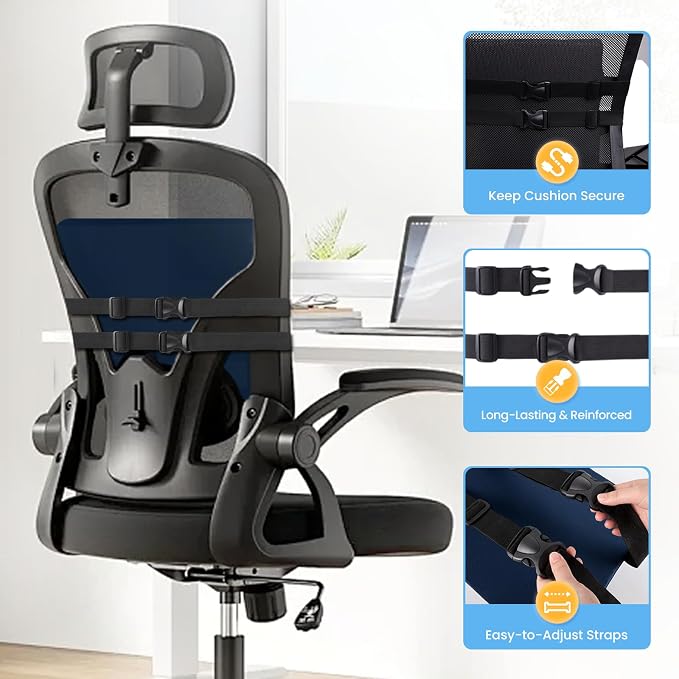 SweetSlubr Lumbar Support Pillow for Office Chair, Car Seats and Home Desks, Ergonomic Back Support with Double Adjustable Straps, Machine Washable Cover, Blue