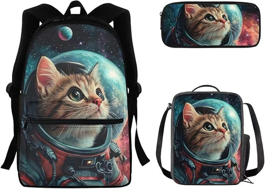 Kids Space Cat Pattern Backpack with Pencil Case and Lunch Box Teen Boys Large Capacity Backpacks for Preschool School Bag Set Cool School Supplies for Boys