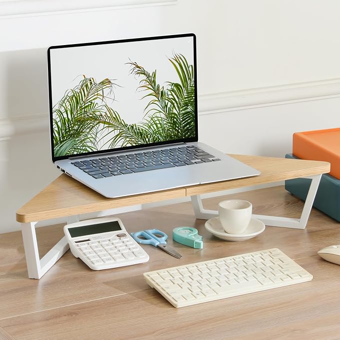 TEAMIX 26 inch Triangle Monitor Stand Riser, Desktop Corner Stand with Metal Leg Wood Computer Stand with Storage Laptop Riser Office Organization (Maple)