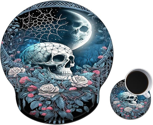 Mouse Pad with Wrist Support Gel, Ergonomic Mouse Pad with Comfortable Wrist Rest, Gaming Mousepad Non-Slip PU Base for Laptop Office Easy Typing & Pain Relief,Skull Roses Floral