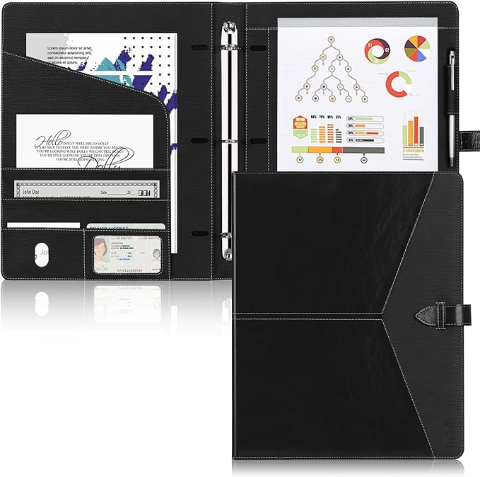 Toplive Padfolio 3 Ring Binder Organizer Business Portfolio Folder for Women, A4/ Letter Size PU Leather Professional Portfolio Padfolio for Interview Conference Presentation, Black
