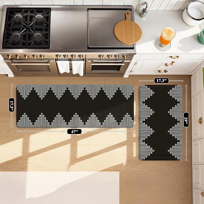 KIMODE Anti Fatigue Kitchen Mats,Black Boho Kitchen Rugs,Standing Desk Mats | Padded Kitchen Mat for Floor, Cushioned Kitchen Mats for Floor 2 Piece for Laundry Office Sink Dormitory RV 17"x47"+17"x29"