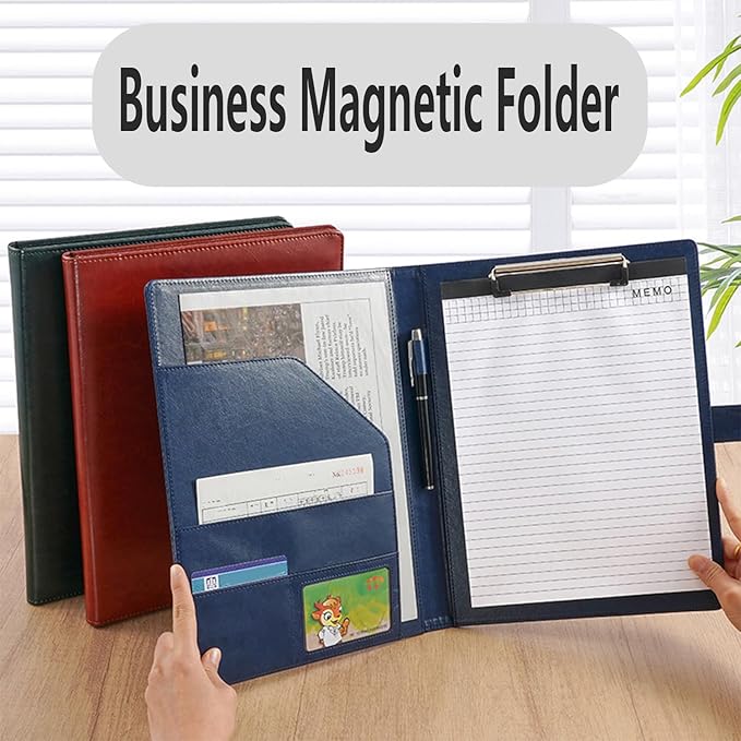 Faux Leather Portfolio with Clipboard – A4/Letter Size Legal Pad Holder, Resume Organizer and Writing Folder, Professional Business Conference Office Padfolio(Blue)