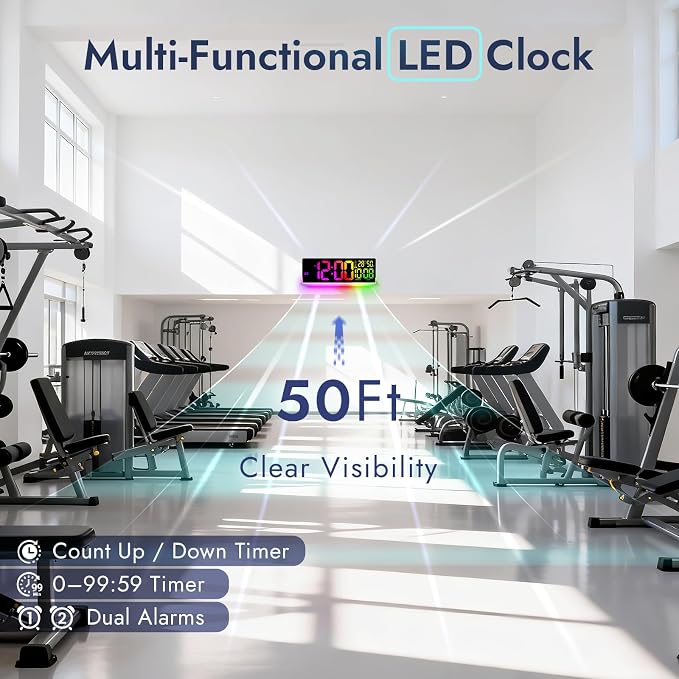16.5" Large Digital Wall Clock for Classroom, Sync Screen RGB Backlight | 11 Screen Colors, 13 U-Shaped RGB Modes, Temp Humidity, Auto DST, Dual Alarm, Timer, Digital Clock for Gym Gaming Room