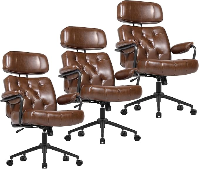 Mid Century Modern Home Office Desk Chair, Ergonomic Office Chair Big and Tall, High Back Executive Office Chair Leather Extra Wide, Computer Chair Comfy, Adjustable Height Rolling Chair, Caramel 3PC