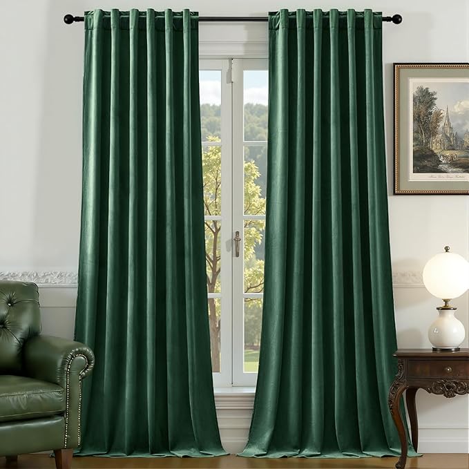 Velvet Curtains 90 Inches Long 2 Panels for Bedroom, Thermal Insulated Room Darkening Curtain Luxury Soft Heavyweight Blackout Drapes for Living Room Back Tab Rod Pocket, W52 x L90, Dark Green