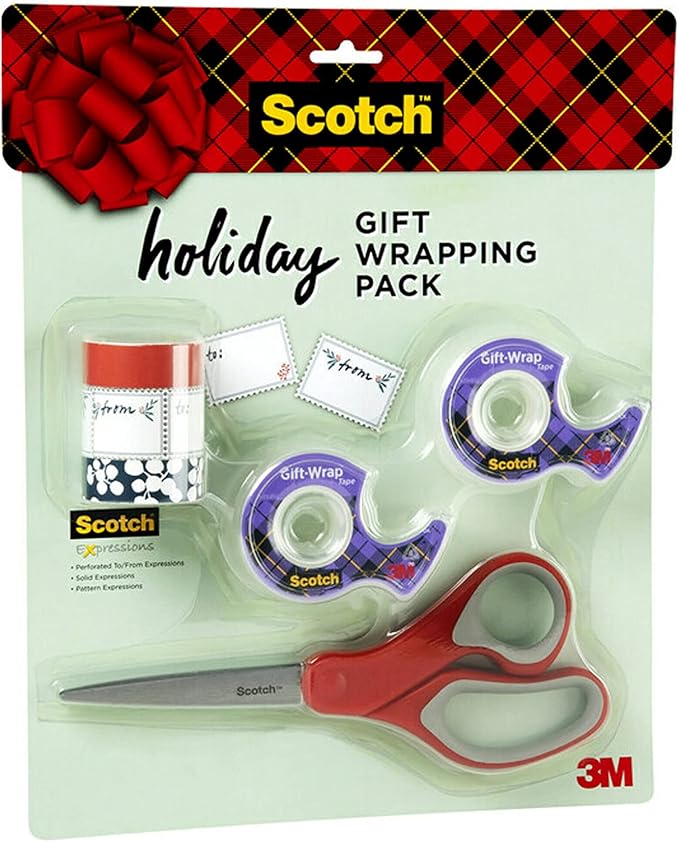 Scotch Gift Wrap Tape Kit, Wrapping/Art Supplies Set with Gift-Wrap and Cute Washi Tape, to/from Labels, and Sharp Scissors for Gift Wrapping, Scrapbooking, and Journaling