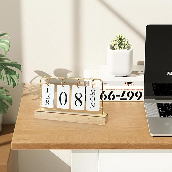 AUSTUFF Flip Wooden Perpetual Calendar Decor Gold Metal Stand with Light | Paper Monthly Daily Calendar For Daily Office Home Decor Reusable Office Accessory