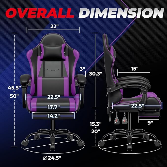 Auto Dynasty Ergonomic Gaming Chair, High-Back Office Chair w/Adjustable Lumbar Support, Linkage Armrest, Headrest & Footrest, 350LBS Recliner Swivel Computer Game Racing Chair, Purple/Black