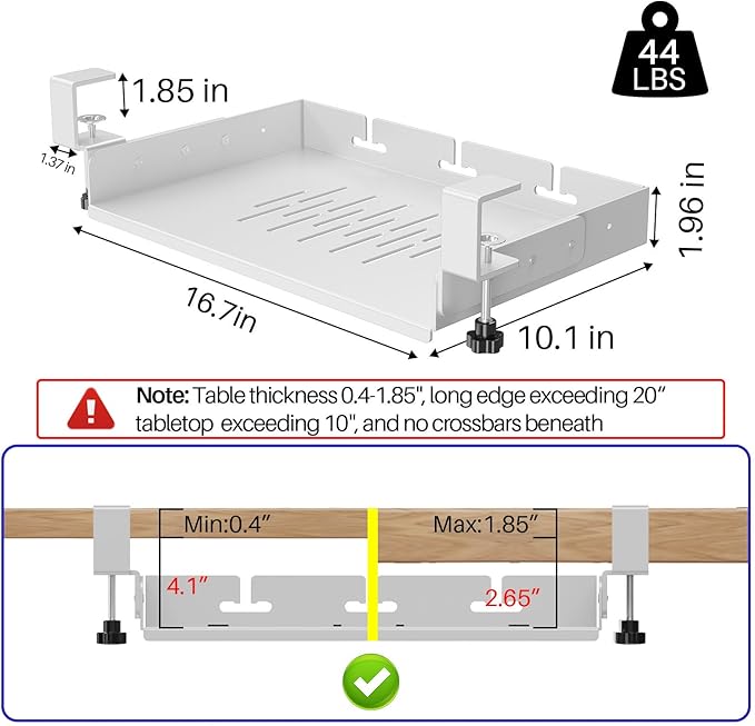 BYMECOST No Drill Under Desk Laptop Mount, Metal Under Desk Storage Shelf | Laptop Storage Tray for Macbook, Mac Mini, Controllers and Cables, Anti-scratch Silicone, fits Office, Gaming, Workstations