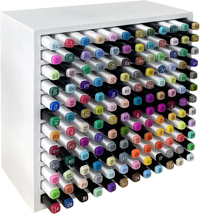 MinBoo Bamboo Art Supply Storage Rack - Wooden Marker Organizer for 144 Markers, Pens, Colored Pencils, Paint Brushes (White)