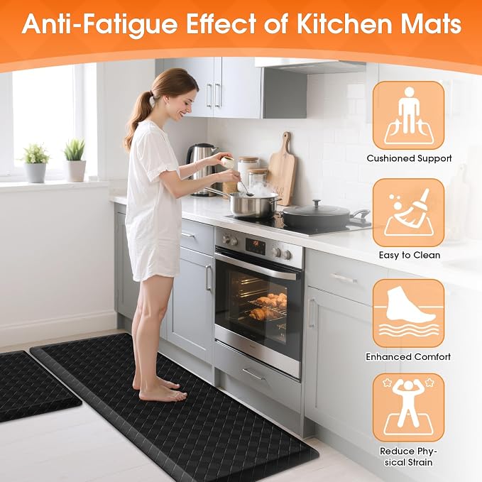 TranquilRelax 4/5 Inch Thick Anti-Fatigue Kitchen Mats 2Pcs, Cushioned Non-Slip Waterproof Sink & Stove Floor Mats, Comfortable Standing Rug Set for Kitchen, Laundry & Entryway, Black