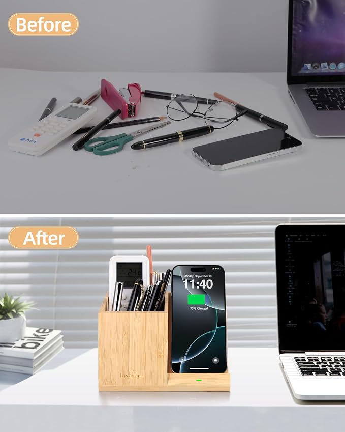 3-in-1 Bamboo Wireless Charger with Desk Organizer, Bamboo Pen Holder for Desk, 15W Fast Wireless Charger with Pen Holder for Home Office Supplies, Compatible with iPhone and Samsung