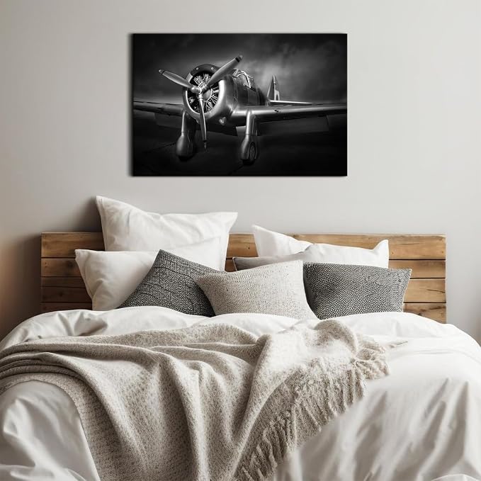 Airplane Canvas Wall Art for Men Bedroom, Black and White Military Plane Turbine Propeller Picture Wall Decor Living Room Vintage Aircraft Prints Paintings Artwork for Walls Home Decorations 24x36"