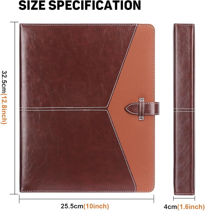 Toplive Padfolio 3 Ring Binder Organizer Business Portfolio Folder, A4/ Letter Size PU Leather Binder Portfolio Padfolio for Interview Conference Presentation, Brown