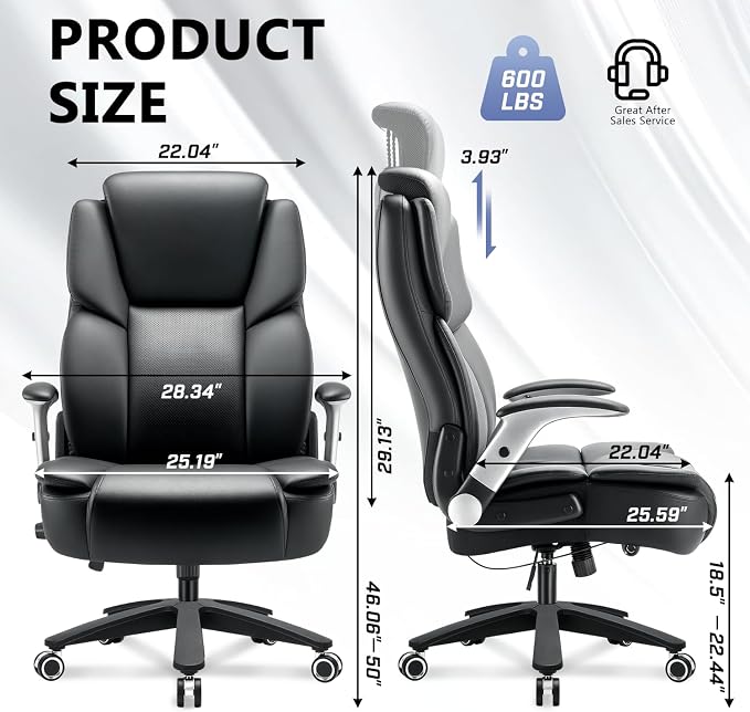 600lbs Big and Tall Office Chair for Heavy People,Heavy Duty Comfy Executive Office Desk Chair with Adjustable Lumbar Support,High Back Reclining PU Leather Computer Chair,Metal Base (Classic, Black1)