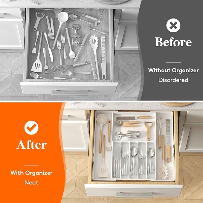 Lifewit Silverware Drawer Organizer, Expandable Utensil Tray for Kitchen, BPA Free Flatware and Cutlery Holder, Adjustable Plastic Storage for Spoons Forks Knives, 5-8 Slots, White