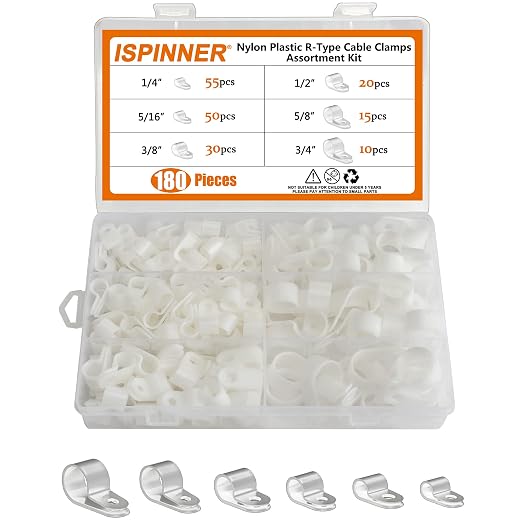 ISPINNER 180pcs Nylon Plastic R-Type Cable Clamps, 1/4" 5/16" 3/8" 1/2" 5/8" 3/4" Clips Fasteners Assortment Kit for Cable Conduit (White)