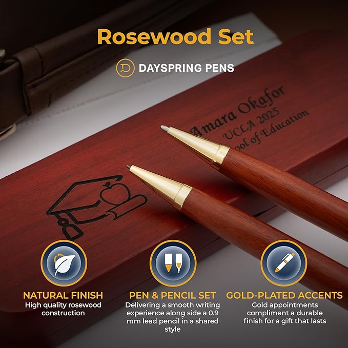 Dayspring Pens Personalized Rosewood Graduation Pen and Pencil Set with Teacher Emblem from Gift for Educators and New Teachers