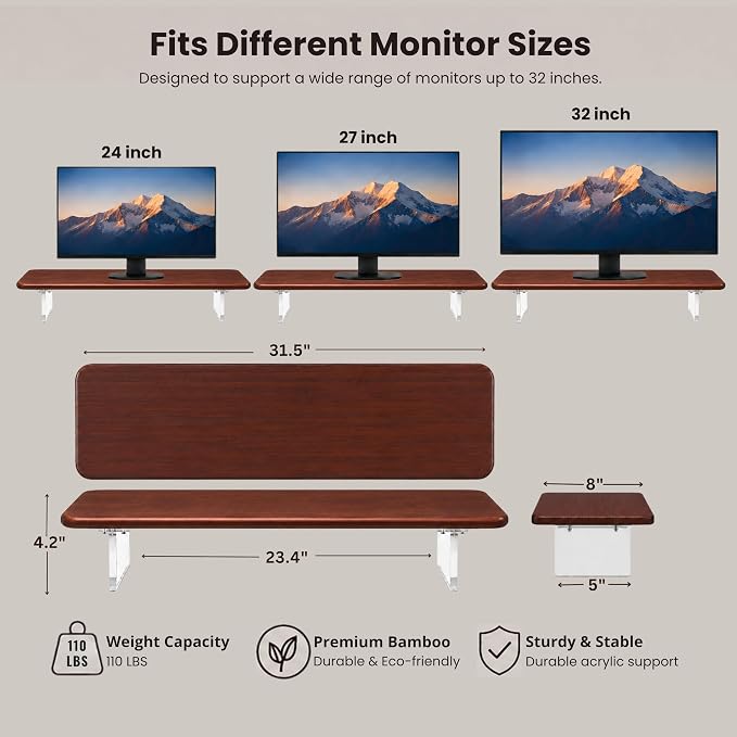 Bamboo Monitor Riser, Wide Desktop Monitor Stand for Desk with Clear Acrylic Legs, 31.5 x 8" Bamboo Wood Shelf, Fit Keyboard, Home Office Workspace Accessories,Study Stationaries Storage (Dark Brown)