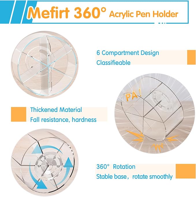 Mefirt Acrylic Pen Holder, 2 Pack 360 Rotating Organizer With 6 Compartments, Desk Office Storage for 800 Pens, Markers, Crayons and Art Supplies