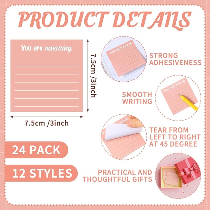 Yinder 24 Pcs Inspirational Sticky Notes Thank You Gift Motivational Sticky Note Pad Employee Appreciation Gift Bulk for Staff Coworker Teacher Nurse Office Groups 3 x 3'' (Inspirational,Rose Gold)