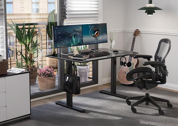 Claiks 48x24 Inch Black Glass Standing Desk | Adjustable Height, Tempered Glass Top, Stand Up, Quick Install, 3 Memory Presets