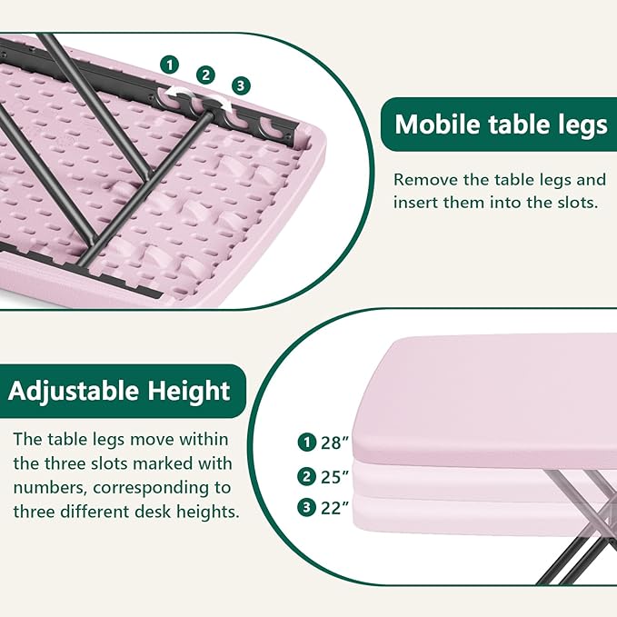 30 Inch Folding Table Set of 2, Adjustable Height TV Tray for Small Spaces, Heavy Duty Foldable Utility Table for Laptop, Dining, Camping, No Assembly, 200 lbs Capacity, Pink Granite