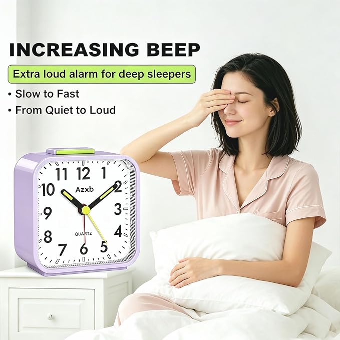Analog Alarm Clock, Silent,Travel,Snooze, Loud Alarm, Luminous, Purple | Alarm Clock with Night Light, No Ticking Battery Operated Quiet Small Desk Clock for Bedrooms Deep Sleeper Adults Kids