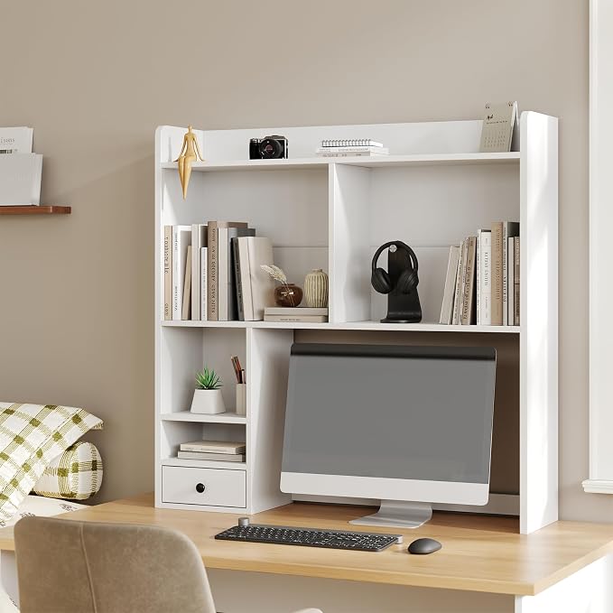 knoworld Desktop Bookshelf for 27" Monitor, Space-Saving Engineered Wood Desk Hutch Organizer with Adjustable Shelves & Drawer, Clutter-Free Tabletop Bookcase for Dorm & Home Office, White