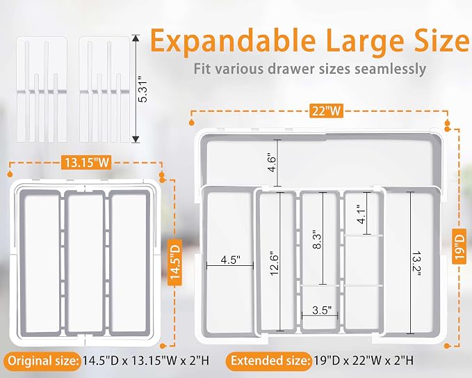Kitchen Drawer Organizer Large Expandable Silverware Organizer, Utensil Holder and Flatware Tray, Kitchen Spatula Tools and Gadgets Storage with Removable Knife Blocks and 3 Dividers, White