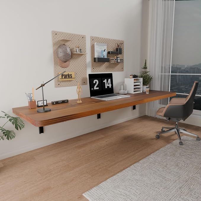 IAE Wall Mounted Folding Table with Pine Wood,55" x 16" Floating Wall Desk,Laundry Folding Table with Shelf Brackets,Fold Down Desk Shelf,Fold Workbench for Apartments,Home,Laundry Room,Kitchen,Teak