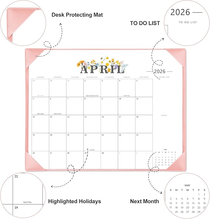 Desk Calendar 2026-2027 - 18 Month Desktop Calendars (Jan 2026–Jun 2027),Large 22x17 Monthly Calendar with Home & Office Floral Desk Pad Calendars (Pink, 22 * 17)