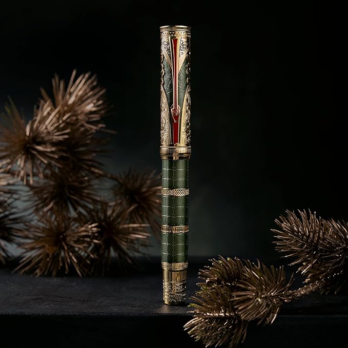 HONG DIAN D5 Qin Dynasty Fountain Pen Green Gold, Extra Fine Nib Piston Filling Pen, Retro Chinese Totem Engraving Smooth Writing Pen with Pen Box Set