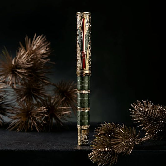 HONG DIAN D5 Qin Dynasty Fountain Pen Green Gold, Extra Fine Nib Piston Filling Pen, Retro Chinese Totem Engraving Smooth Writing Pen with Pen Box Set
