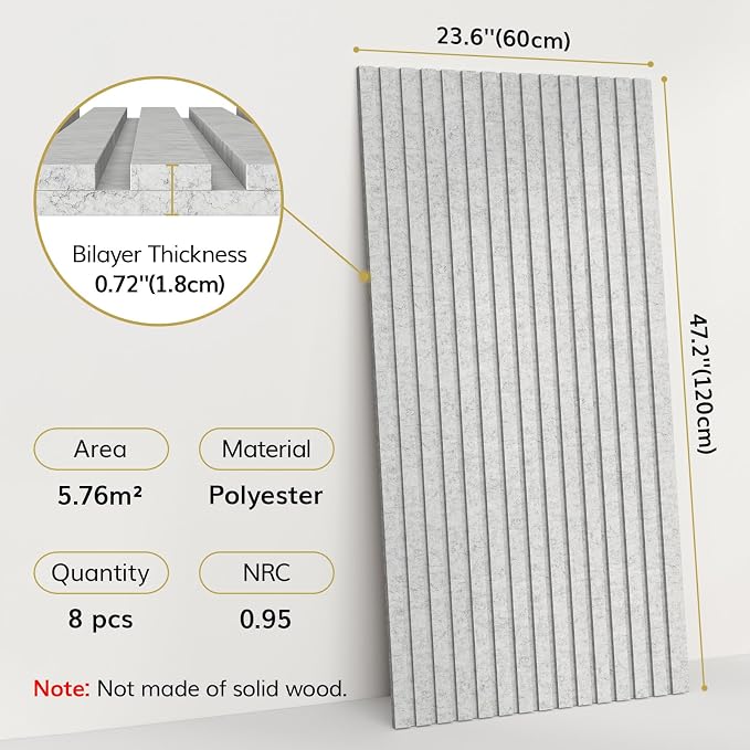 TONOR Dual-Layer Thickened Acoustic Wall Panels Self Adhesive, 8 Pack 47.2"x23.6"x0.72" High Density Large Sound Proof Panels for Walls, Peel and Stick Wall Panels for Interior Wall Décor, Grey