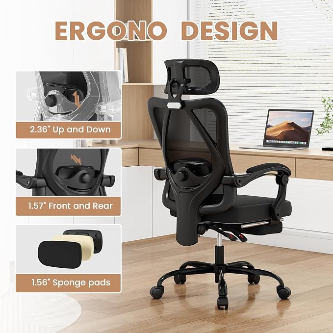 Farini Office Chair with Footrest, Ergonomic Mesh Office Chair with Headrest, High Back Desk Chair with Lumbar Support, Swivel Computer Chair for Home Office Study Room, Black and Black