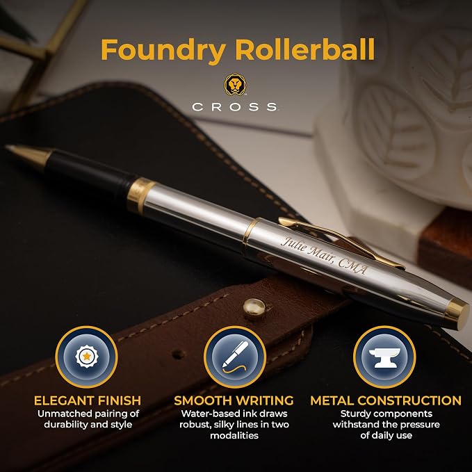 Personalized Cross Foundry Rollerball Pen | Engraved Polished Chrome with PVD Gold Trim | Custom Medalist Rollerball for Executives, Graduates, and First-Time Cross Writers