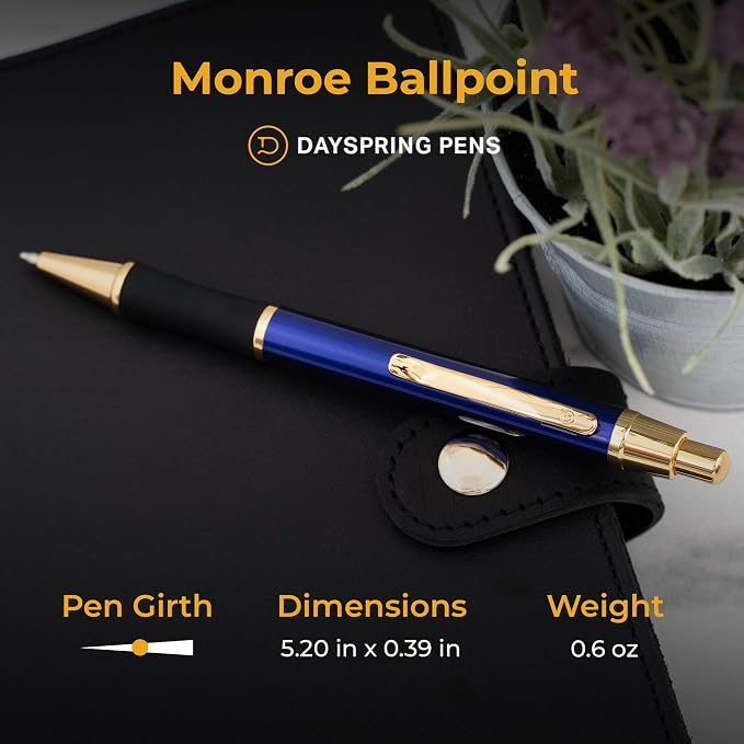 Dayspring Pens Monroe Blue Ballpoint Pen, Blue Lacquer with 18k Gold Trim, Click Action, All Metal, Medium Point Black Ink, Gift for Graduation, Birthdays, Career Advancement, Gift Box Included