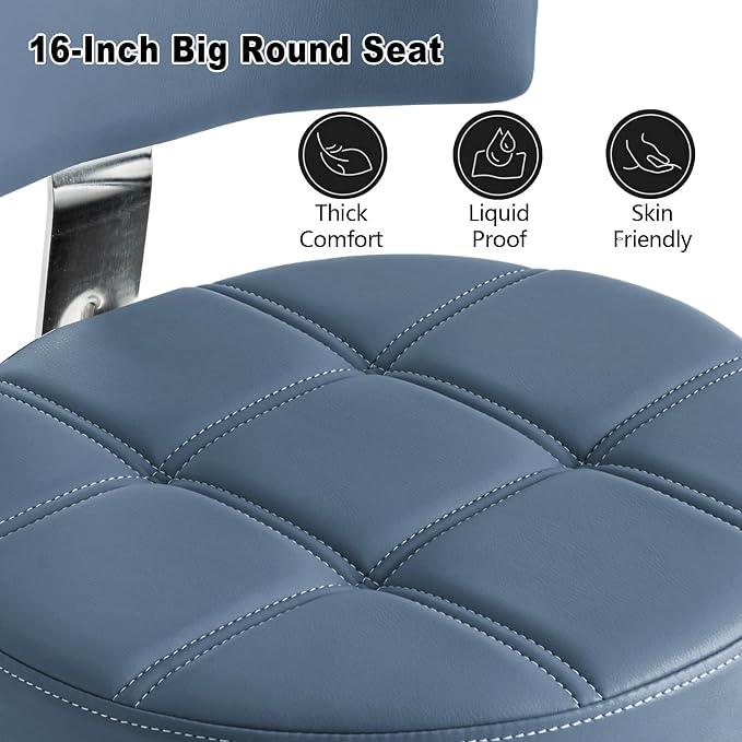 Lockable Stool with Back and Foot Rest Ergonomic Rolling Hydraulic Adjustable Stool for Doctor Esthetician Artist Home Small Office Desk (Blue, 19.5''-24.5'')