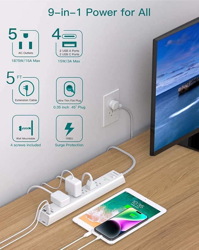 Addtam 2 Pack Power Strips with Surge Protection- 5 Widely Spaced Outlets 4 USB Charging Ports, 1875W/15A, 5Ft Braided Extension Cord Flat Plug, Wall Mount for Home Office Dorm Room Essentials