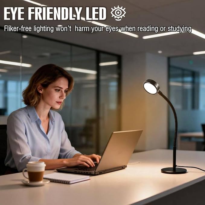 6W LED Desk Lamp with Gooseneck and US Adapter, CRI 90 | Metal Dimmable Reading Light, 3 Colors and 10 Brightness Levels, for Office Study